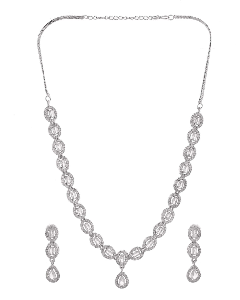 Jewels Nest Elegant American Diamond-Studded Necklace Set in Rhodium Finish