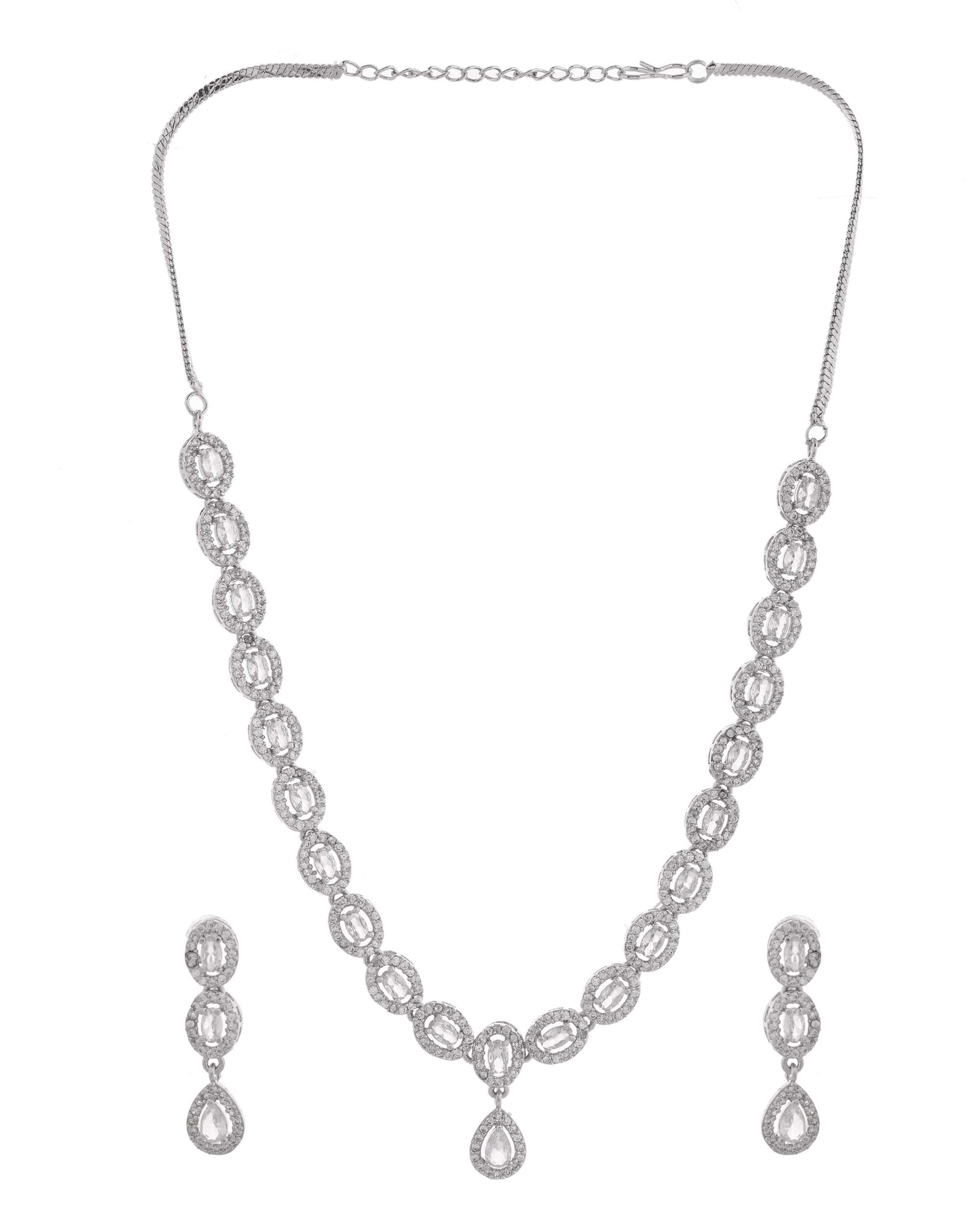 Jewels Nest Elegant American Diamond-Studded Necklace Set in Rhodium Finish