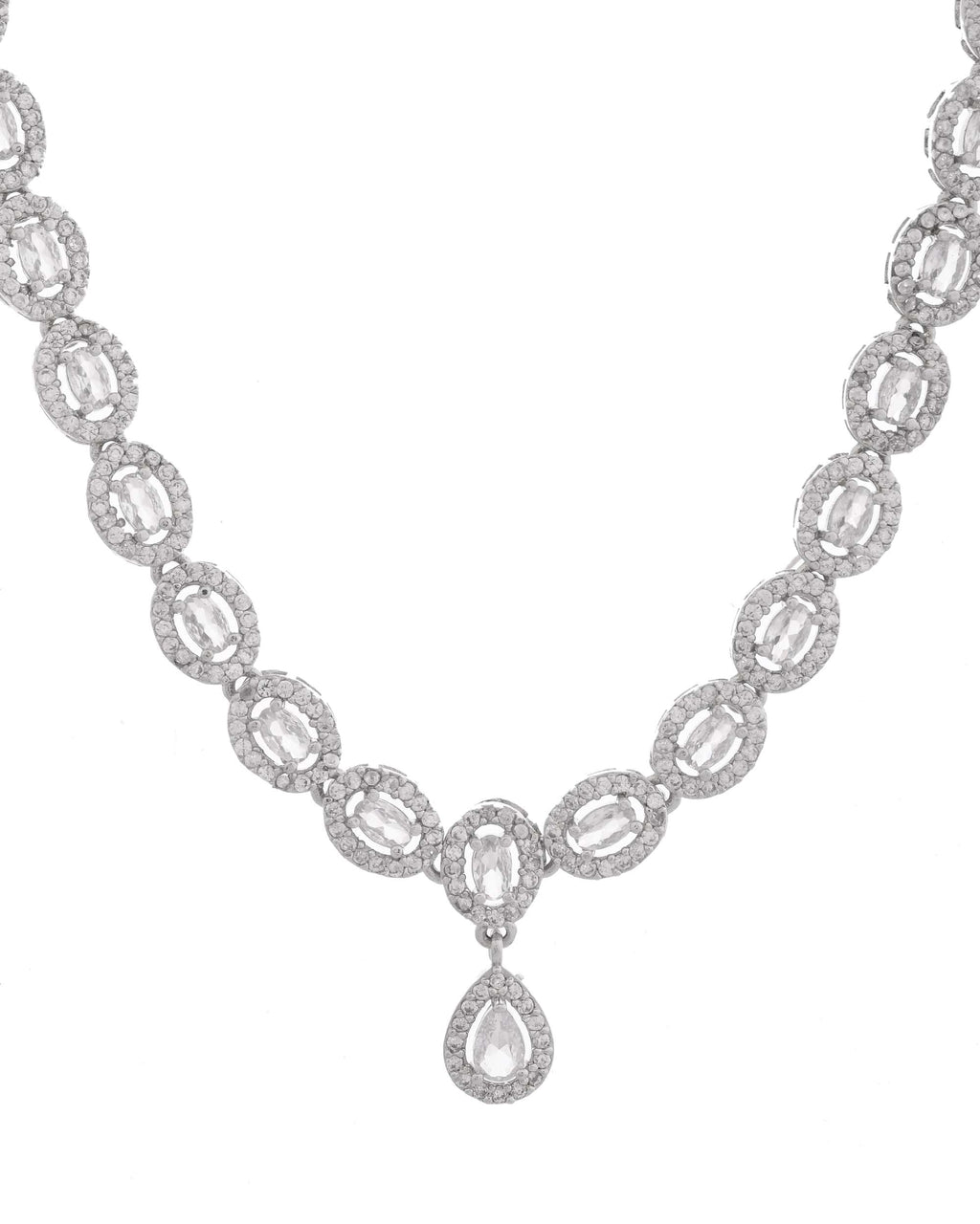 Jewels Nest Elegant American Diamond-Studded Necklace Set in Rhodium Finish