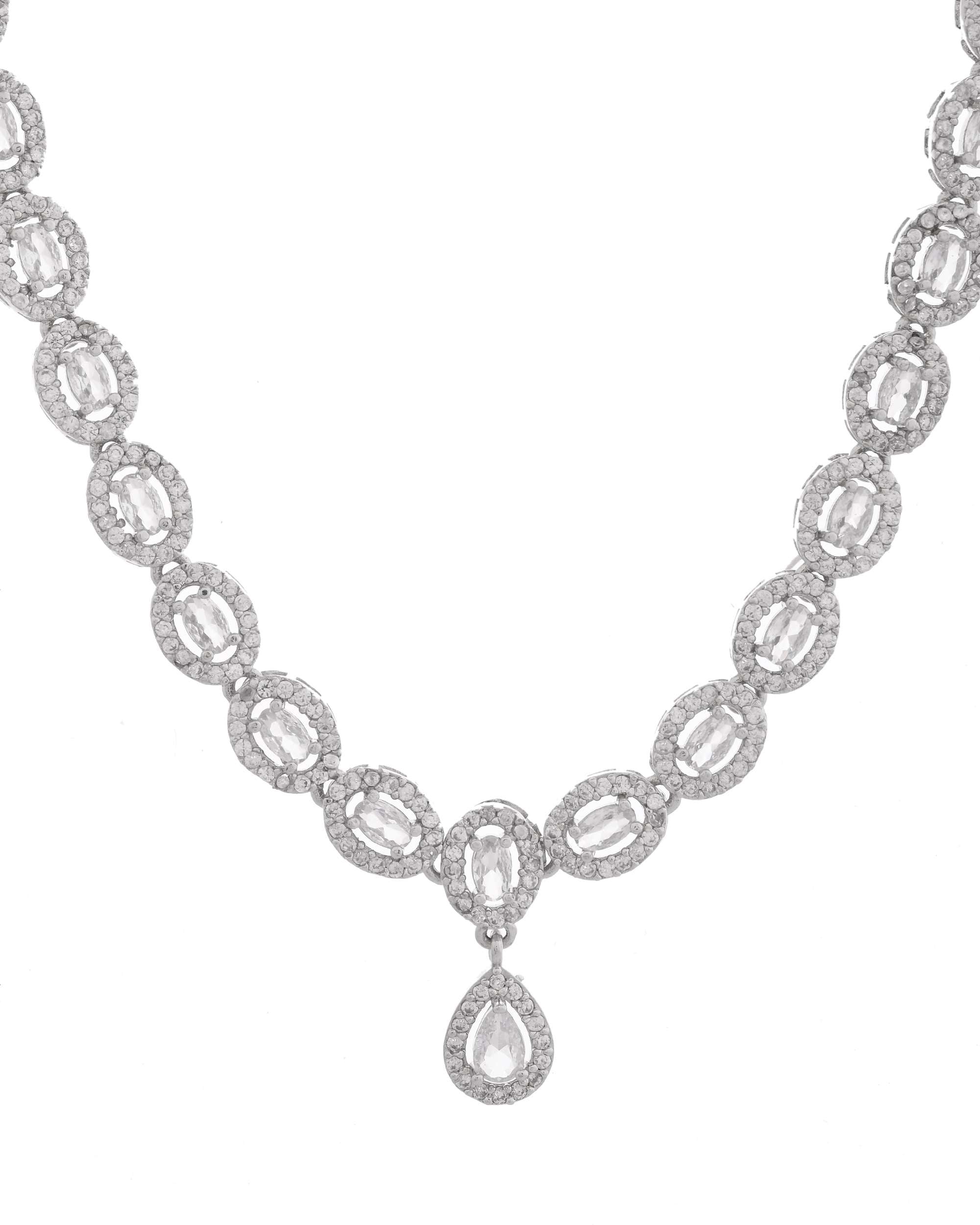 Jewels Nest Elegant American Diamond-Studded Necklace Set in Rhodium Finish