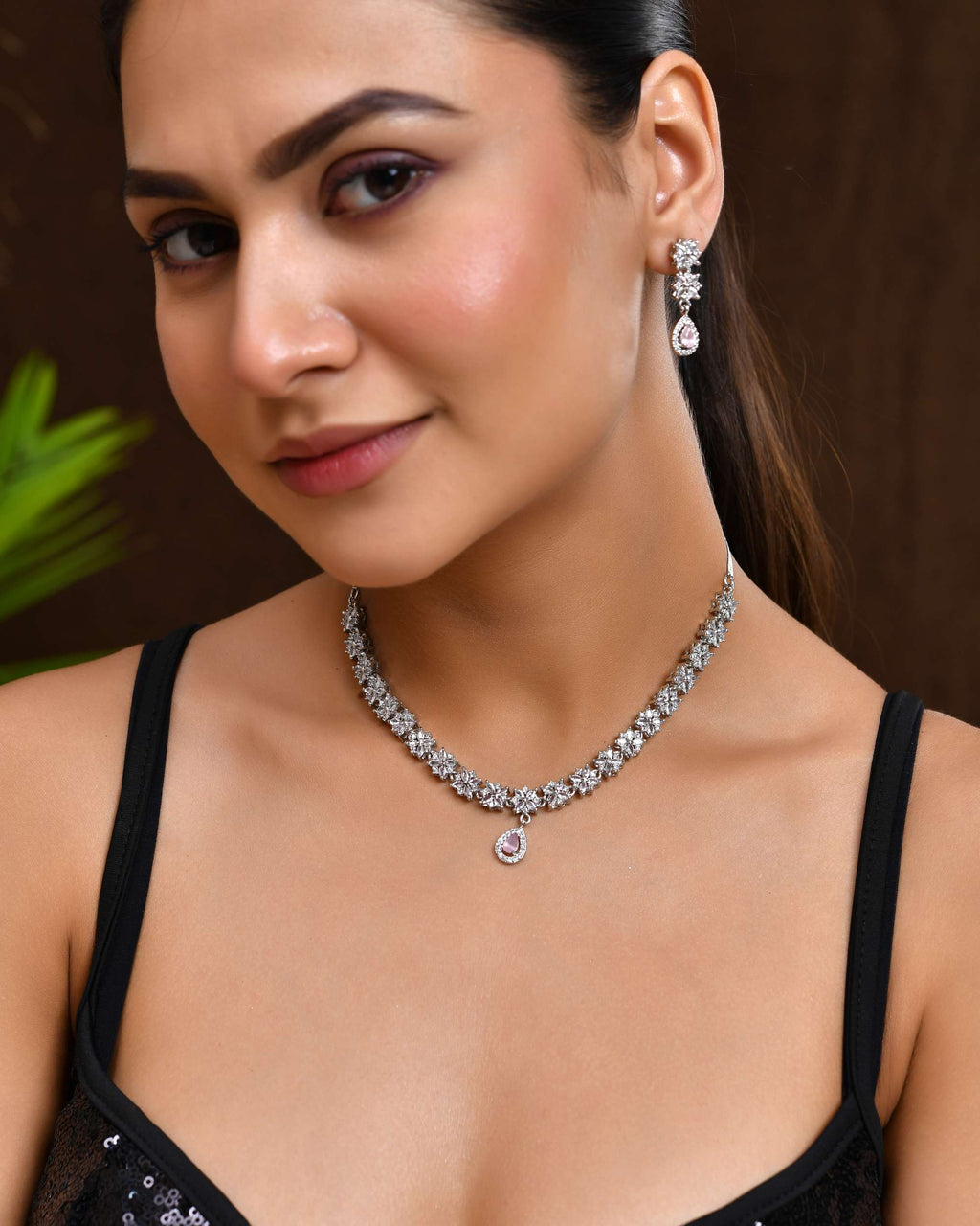 Jewels Nest Floral Design American Diamond Necklace Set with Pink Stone Drops