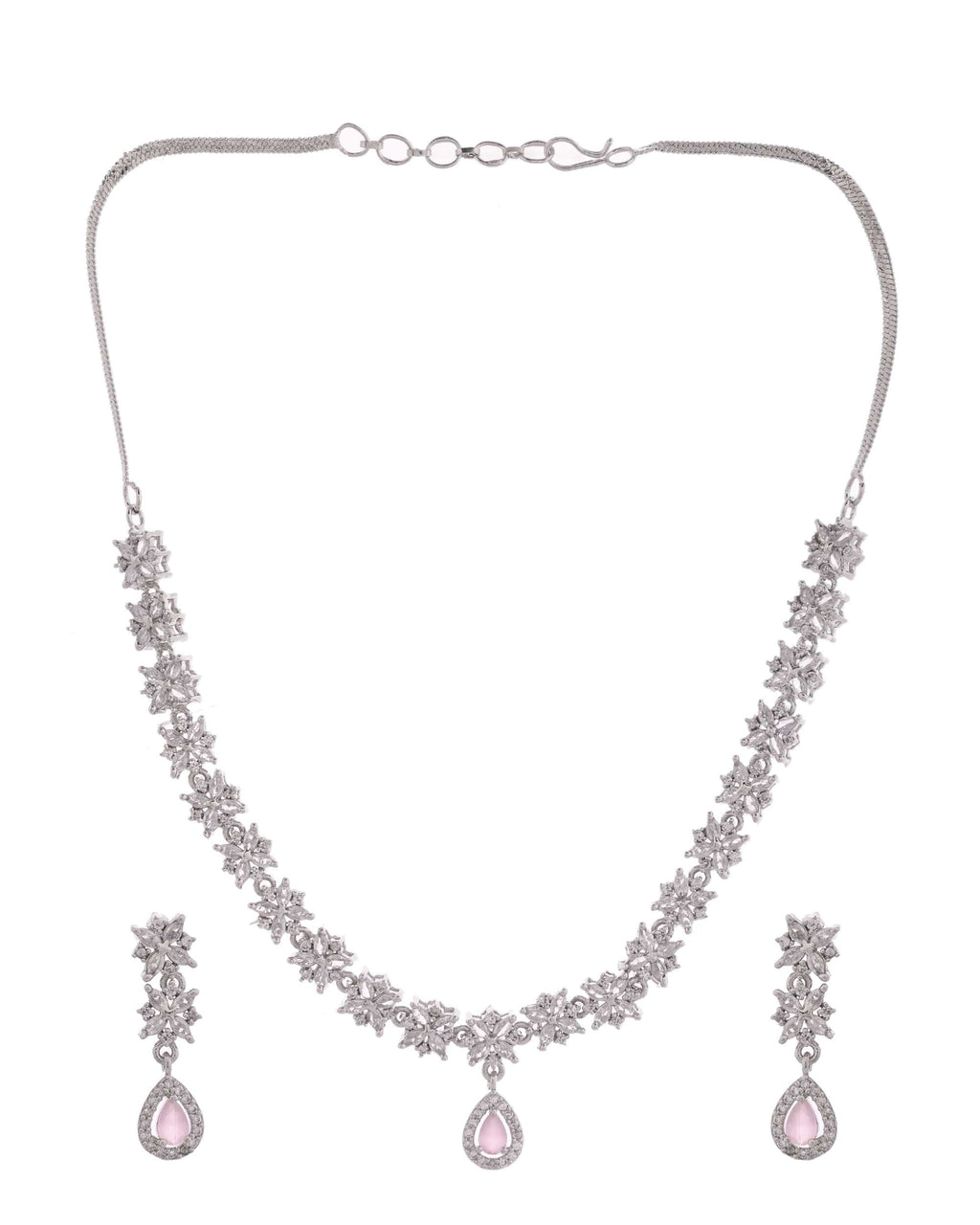 Jewels Nest Floral Design American Diamond Necklace Set with Pink Stone Drops
