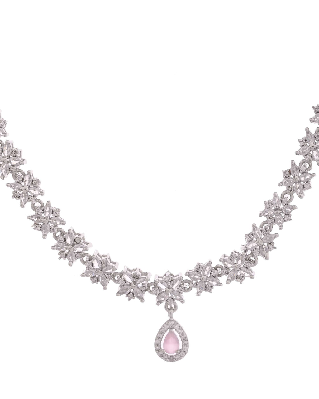 Jewels Nest Floral Design American Diamond Necklace Set with Pink Stone Drops