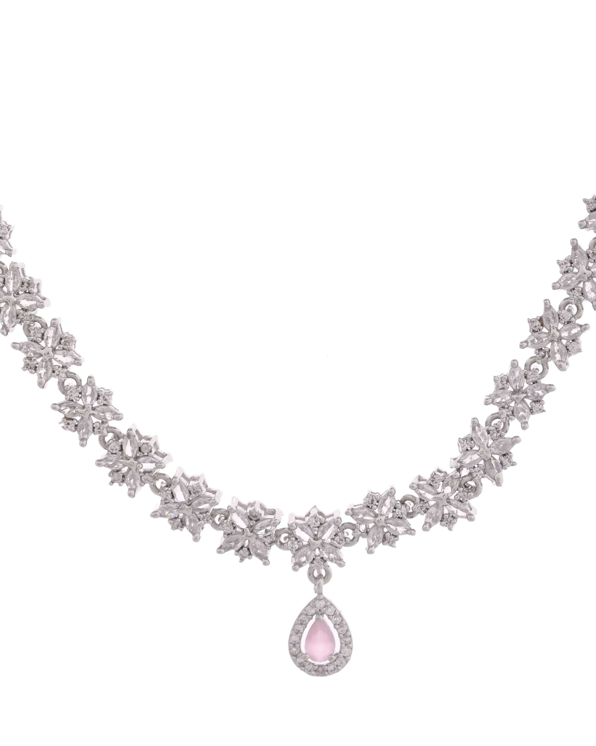 Jewels Nest Floral Design American Diamond Necklace Set with Pink Stone Drops