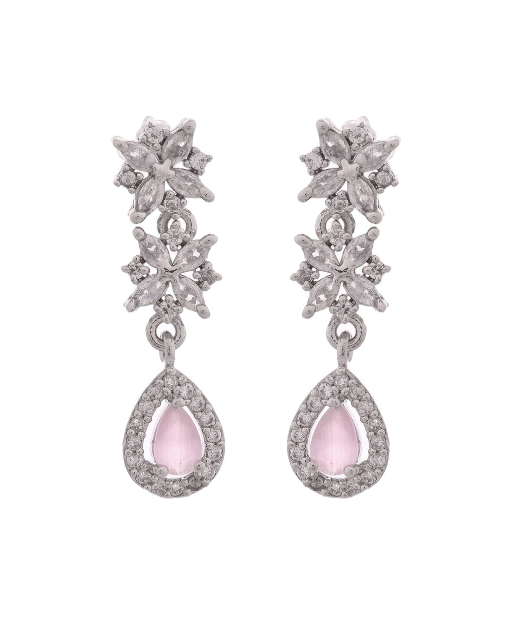 Jewels Nest Floral Design American Diamond Necklace Set with Pink Stone Drops