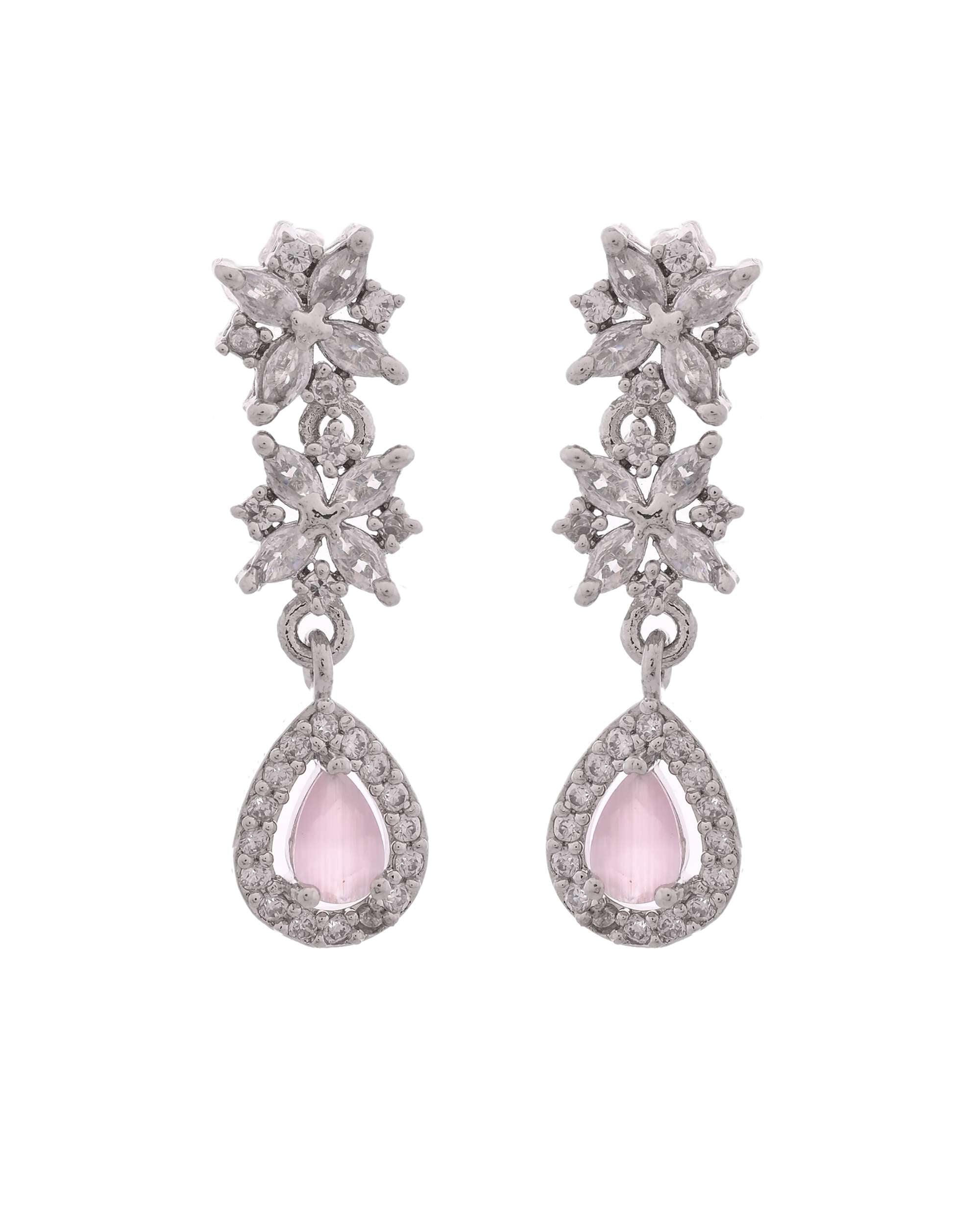Jewels Nest Floral Design American Diamond Necklace Set with Pink Stone Drops