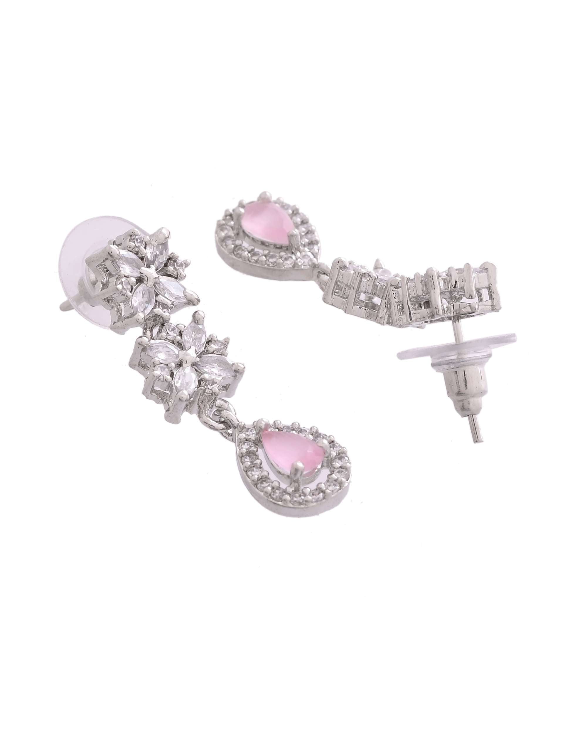 Jewels Nest Floral Design American Diamond Necklace Set with Pink Stone Drops