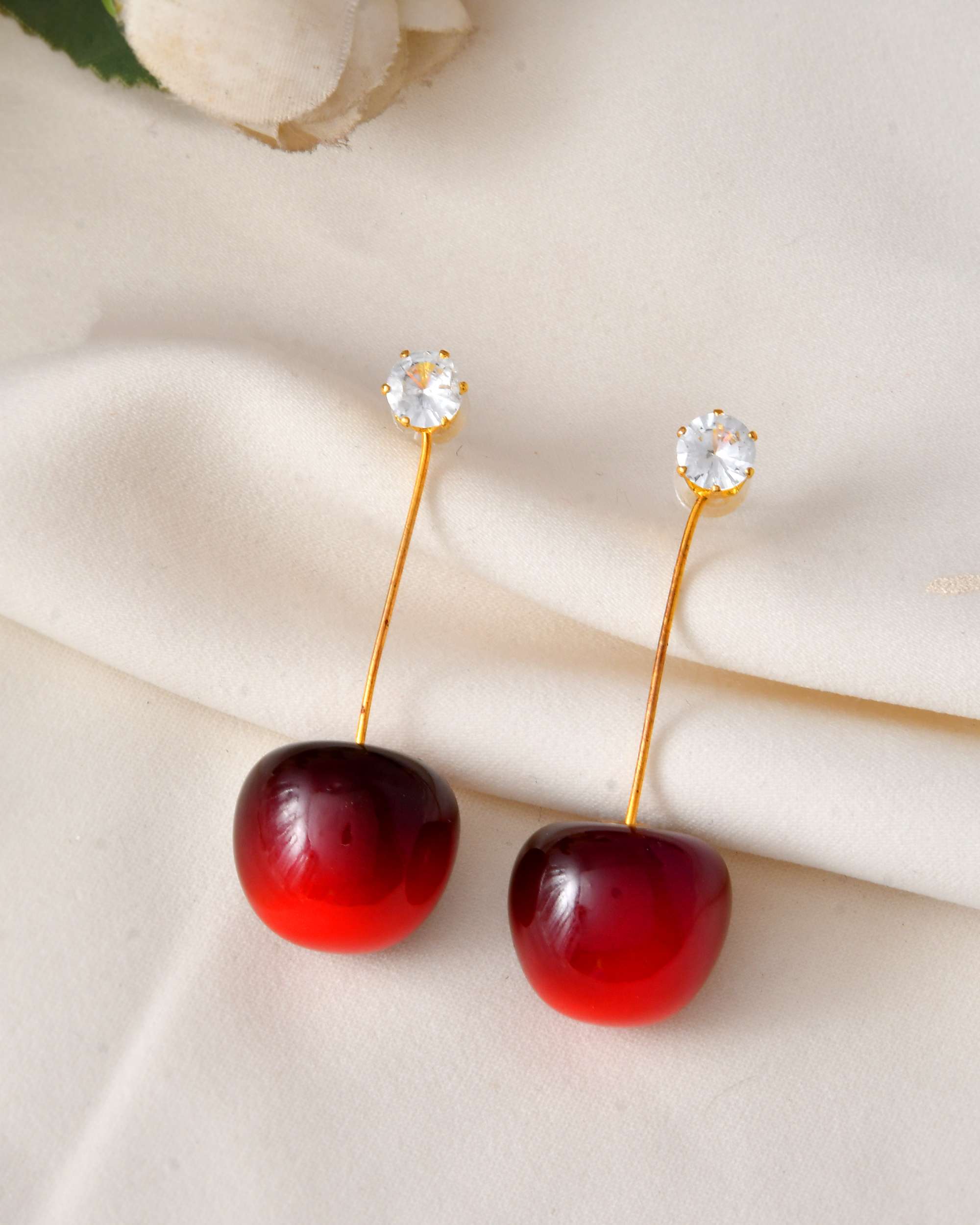 Jewels Nest Gold-Tone Cherry Drop Earrings with Crystal Studs for Women