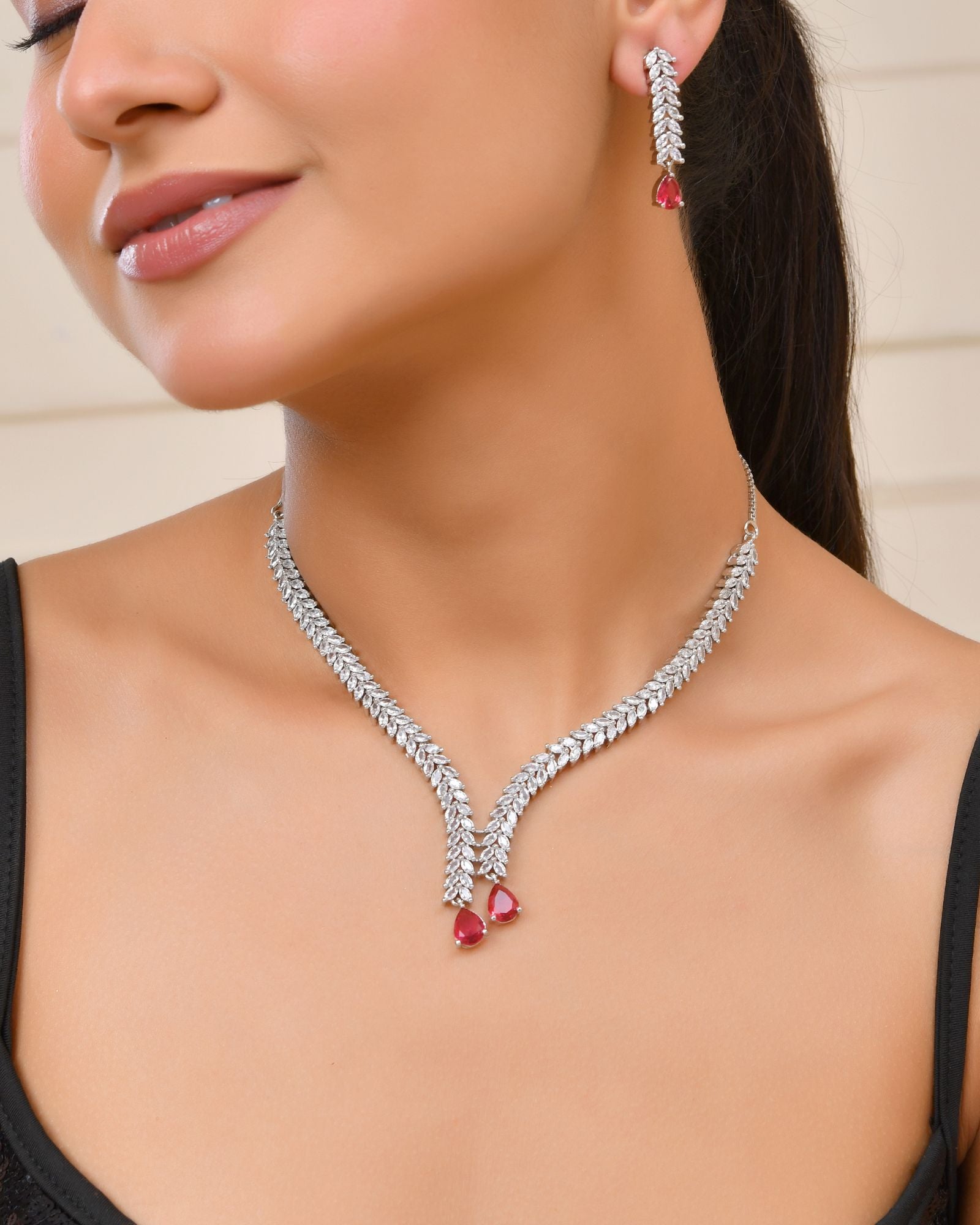 Jewels Nest Ruby Pink Diamond-Style Necklace Set With Matching Drop Earrings