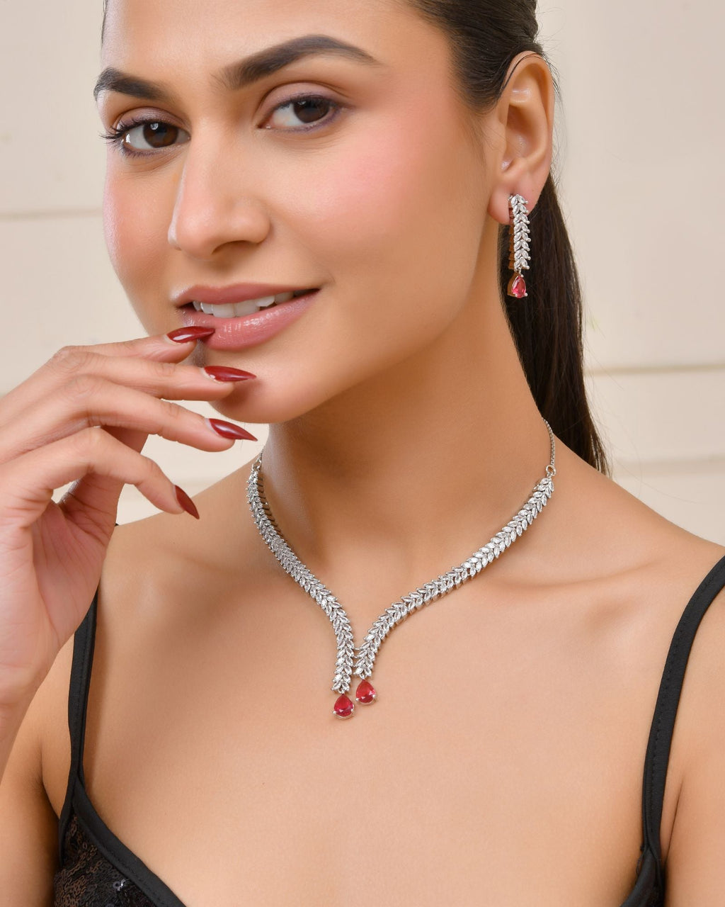 Jewels Nest Ruby Pink Diamond-Style Necklace Set With Matching Drop Earrings