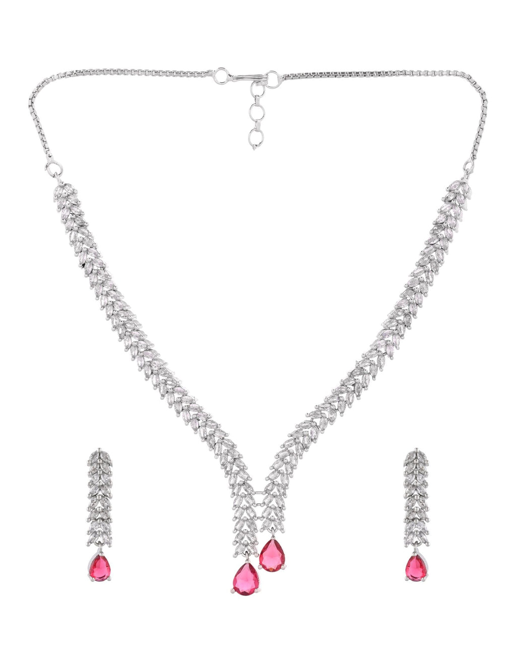 Jewels Nest Ruby Pink Diamond-Style Necklace Set With Matching Drop Earrings