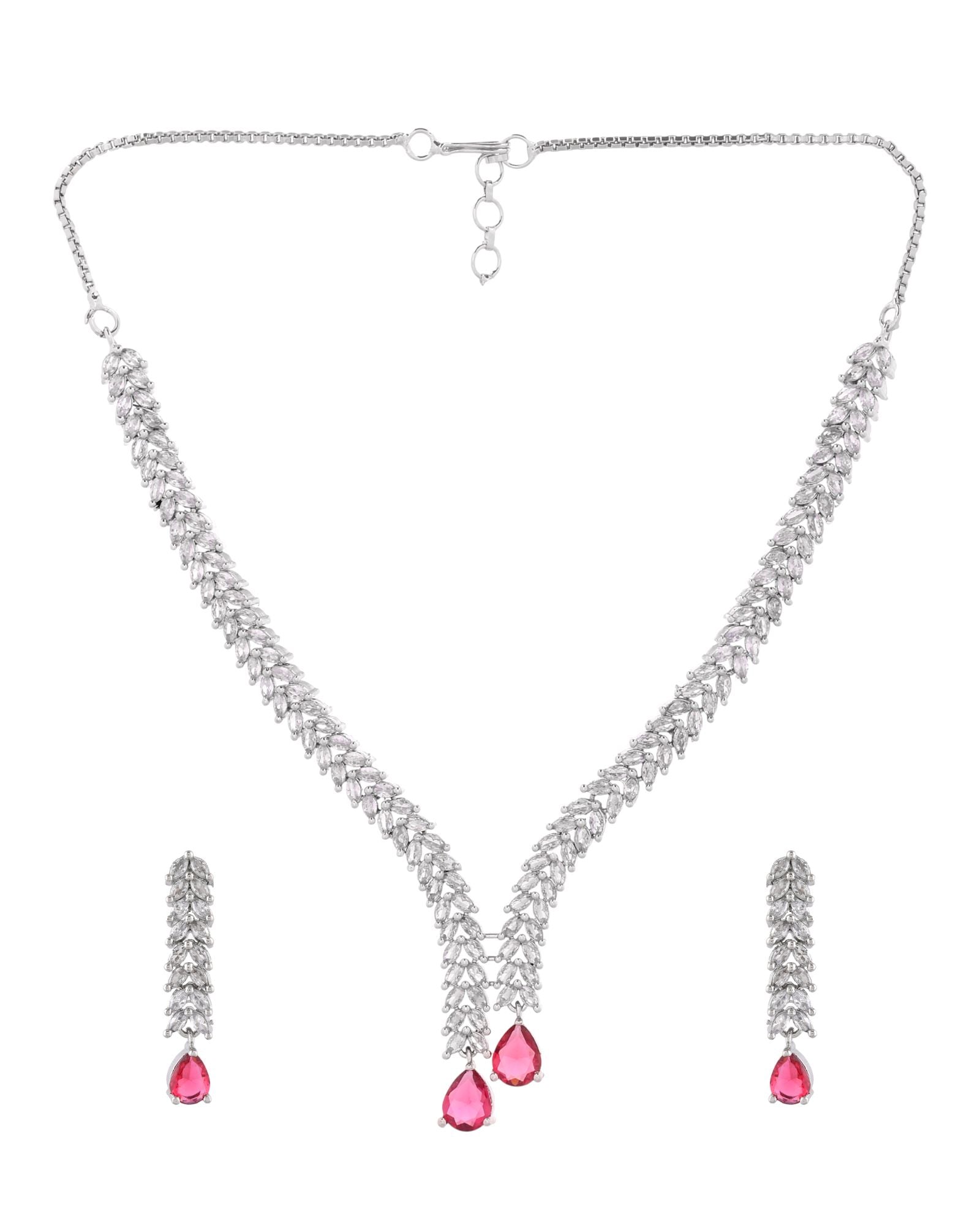 Jewels Nest Ruby Pink Diamond-Style Necklace Set With Matching Drop Earrings