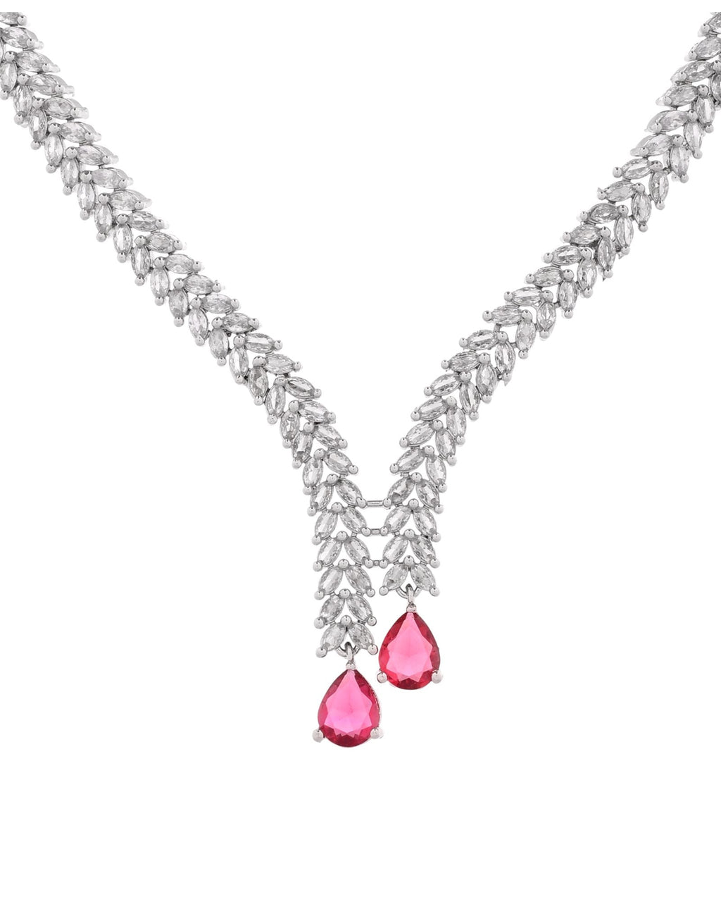 Jewels Nest Ruby Pink Diamond-Style Necklace Set With Matching Drop Earrings