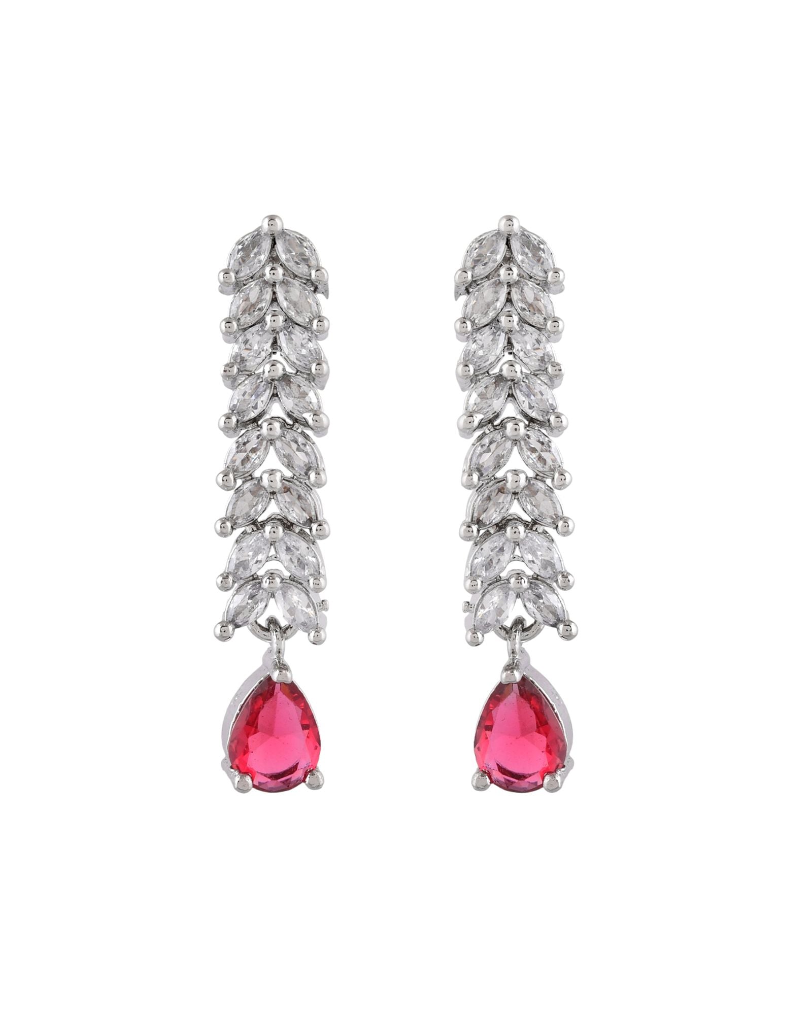Jewels Nest Ruby Pink Diamond-Style Necklace Set With Matching Drop Earrings