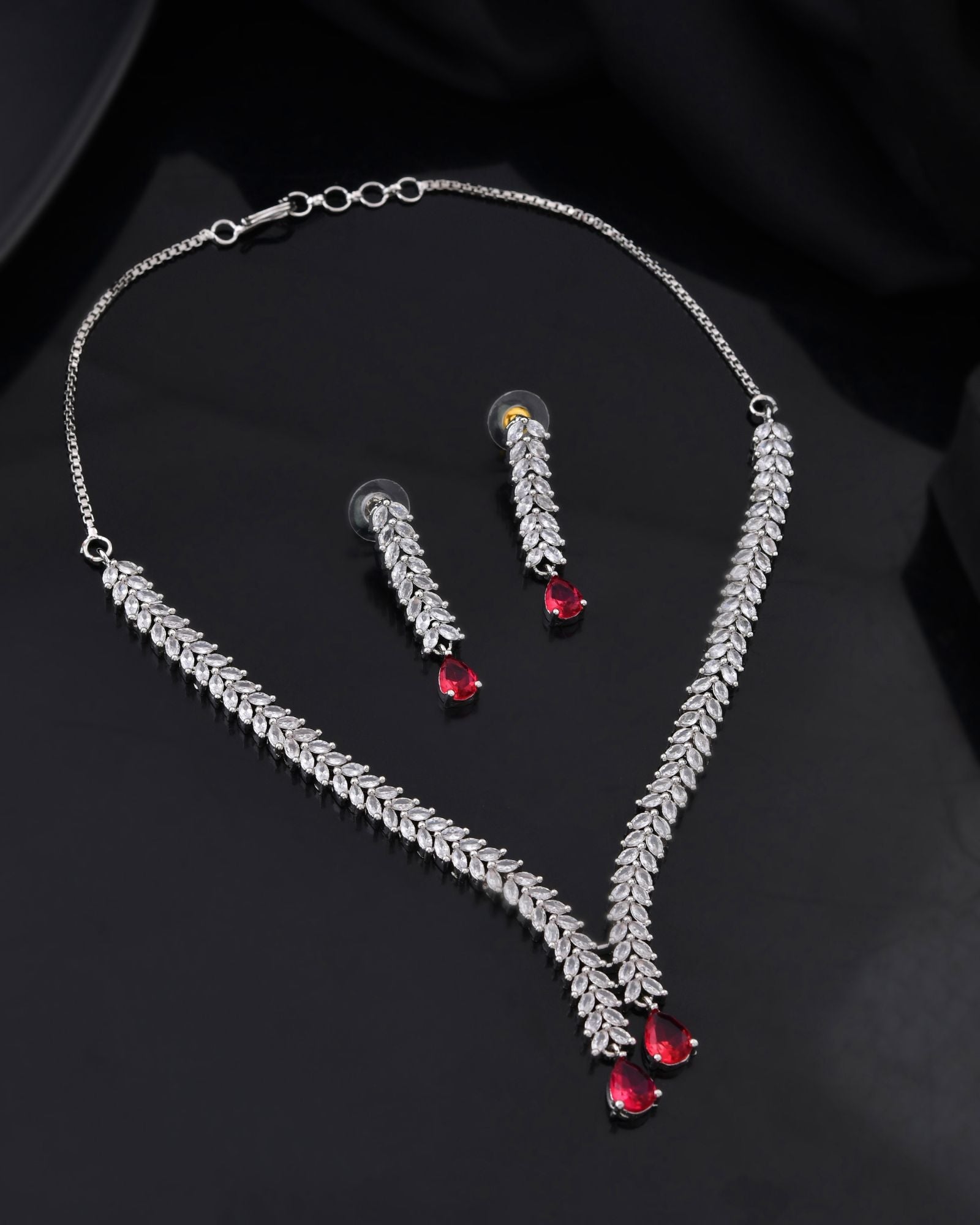 Jewels Nest Ruby Pink Diamond-Style Necklace Set With Matching Drop Earrings
