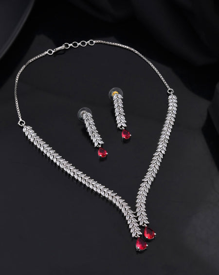 Jewels Nest Ruby Pink Diamond-Style Necklace Set With Matching Drop Earrings