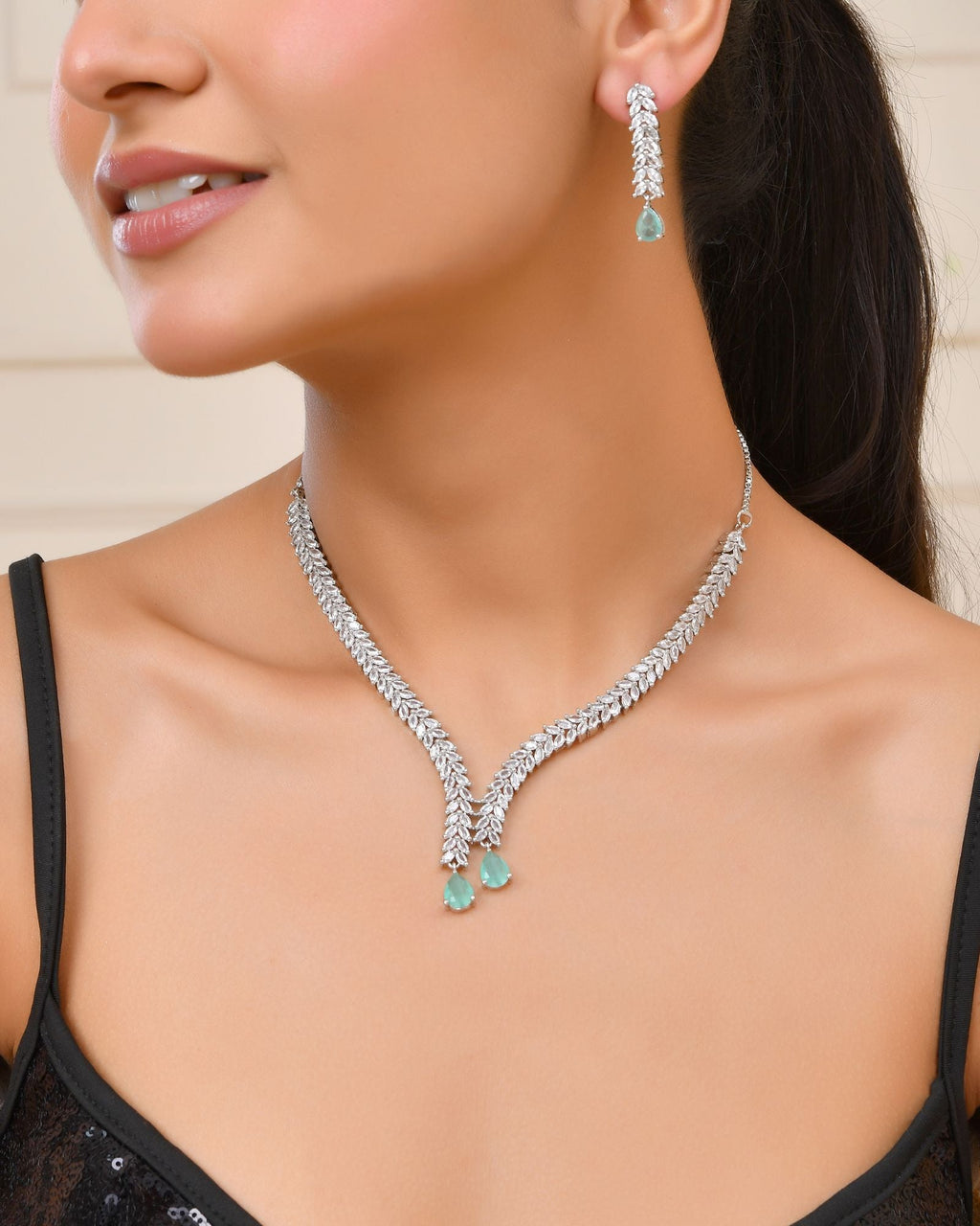 Jewels Nest Mint Green Diamond-Style Necklace Set With Drop Earrings