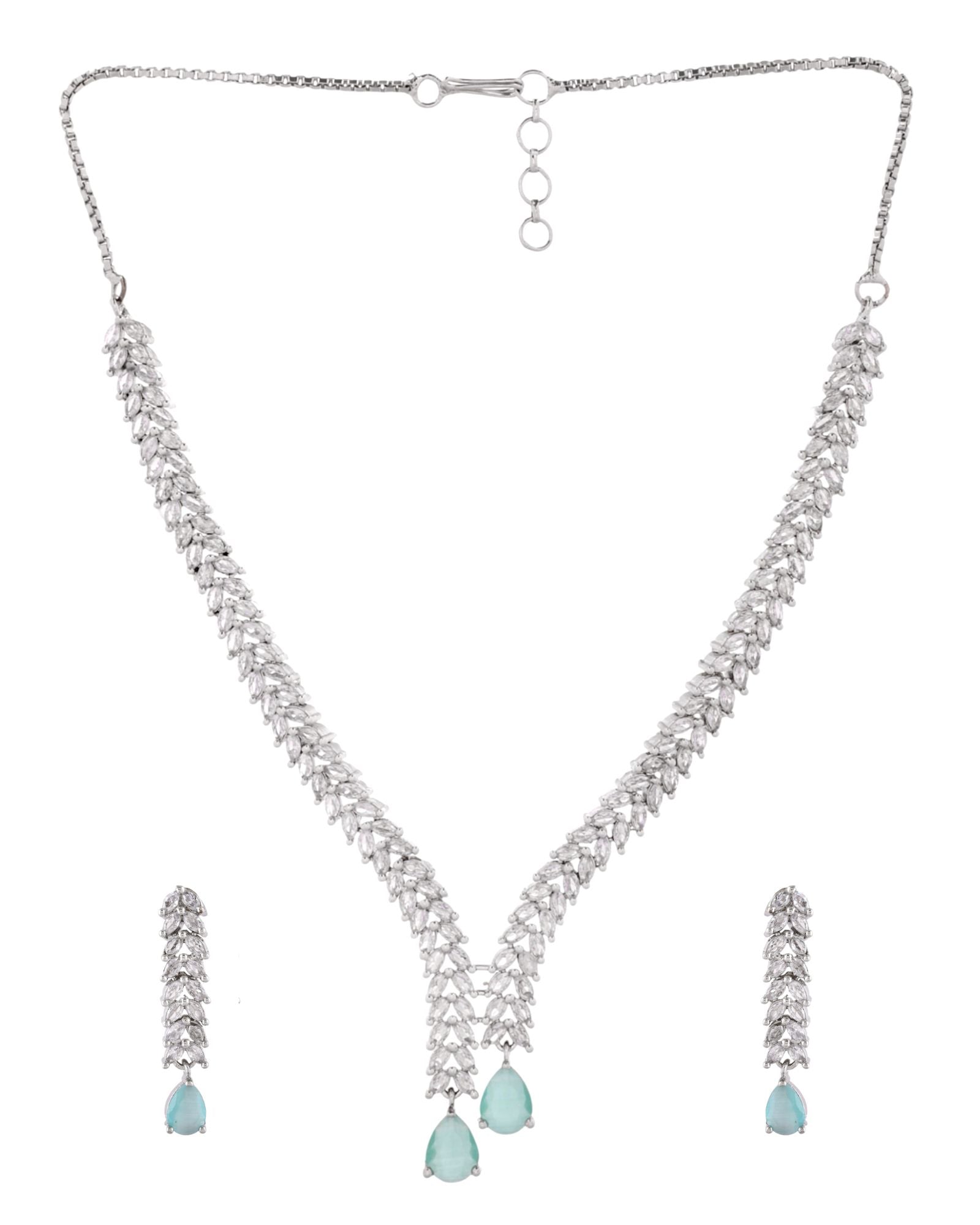 Jewels Nest Mint Green Diamond-Style Necklace Set With Drop Earrings