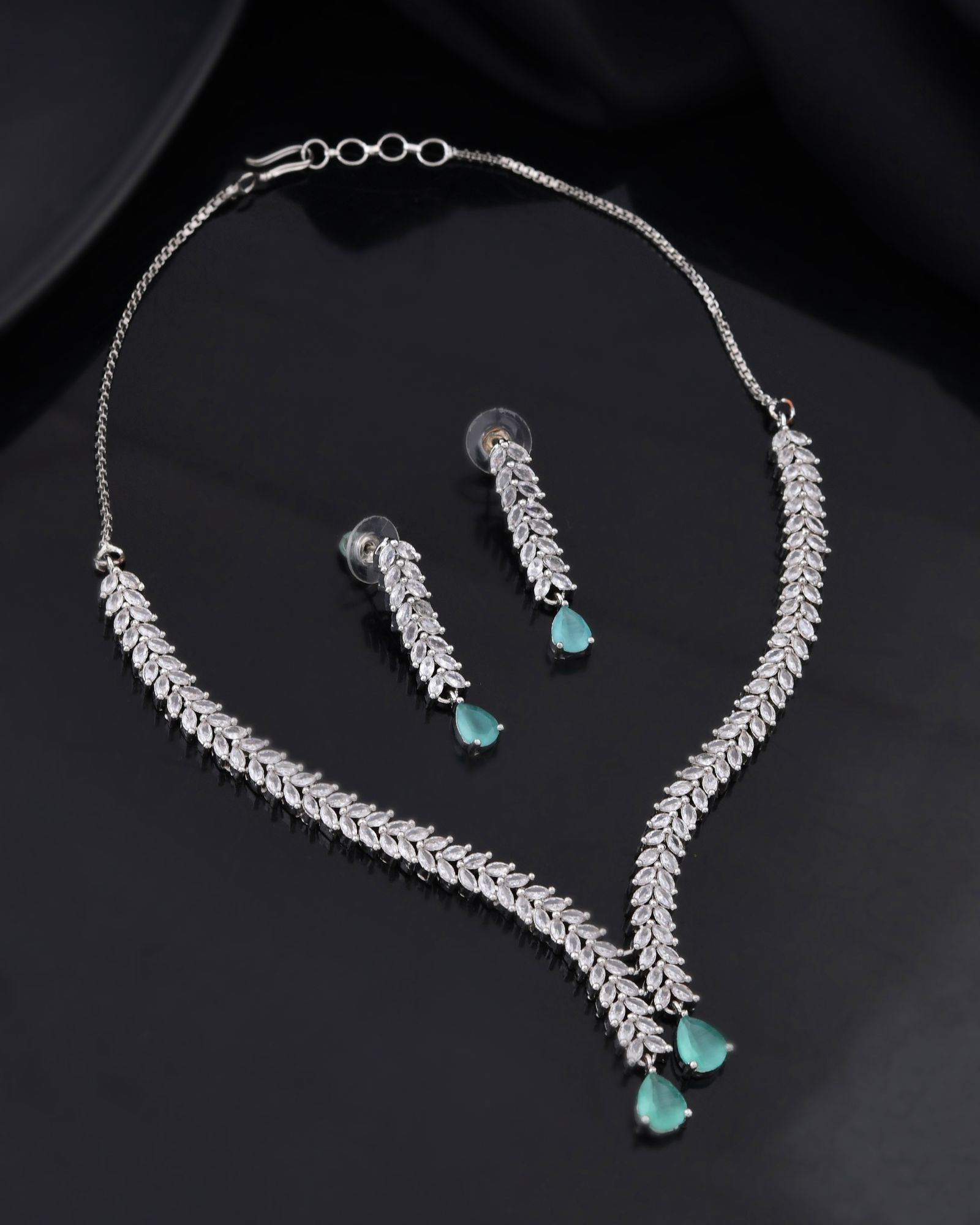 Jewels Nest Mint Green Diamond-Style Necklace Set With Drop Earrings