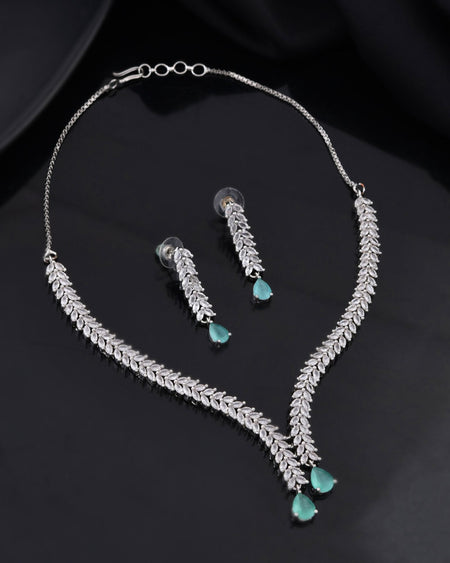 Jewels Nest Mint Green Diamond-Style Necklace Set With Drop Earrings