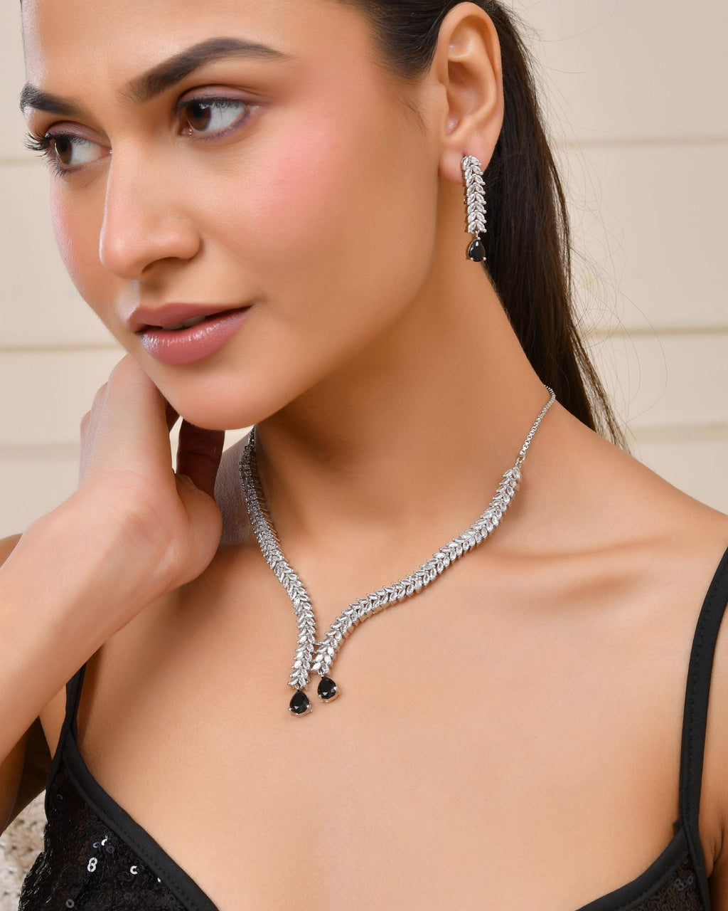 Jewels Nest Black Stone Diamond-Style Necklace Set With Drop Earrings