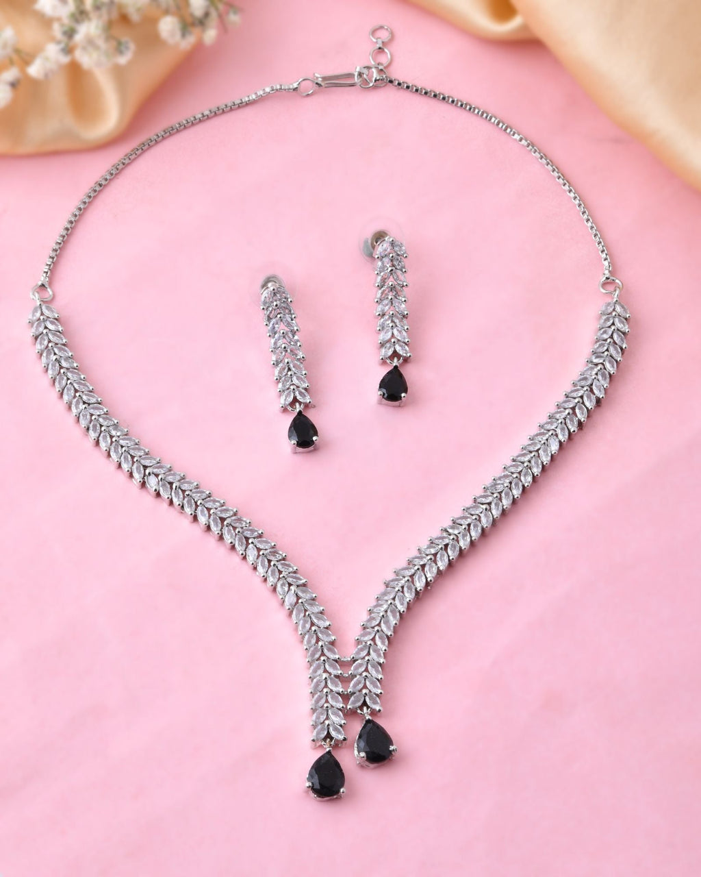 Jewels Nest Black Stone Diamond-Style Necklace Set With Drop Earrings