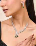Jewels Nest Emerald Green Diamond-Style Necklace Set With Drop Earrings