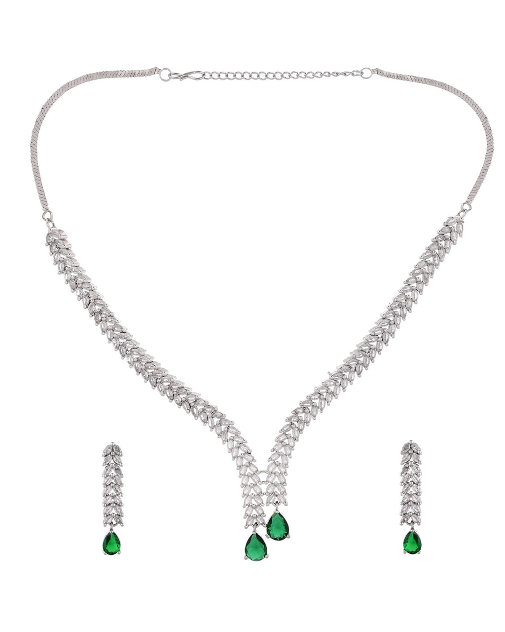Jewels Nest Emerald Green Diamond-Style Necklace Set With Drop Earrings