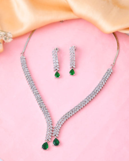 Jewels Nest Emerald Green Diamond-Style Necklace Set With Drop Earrings