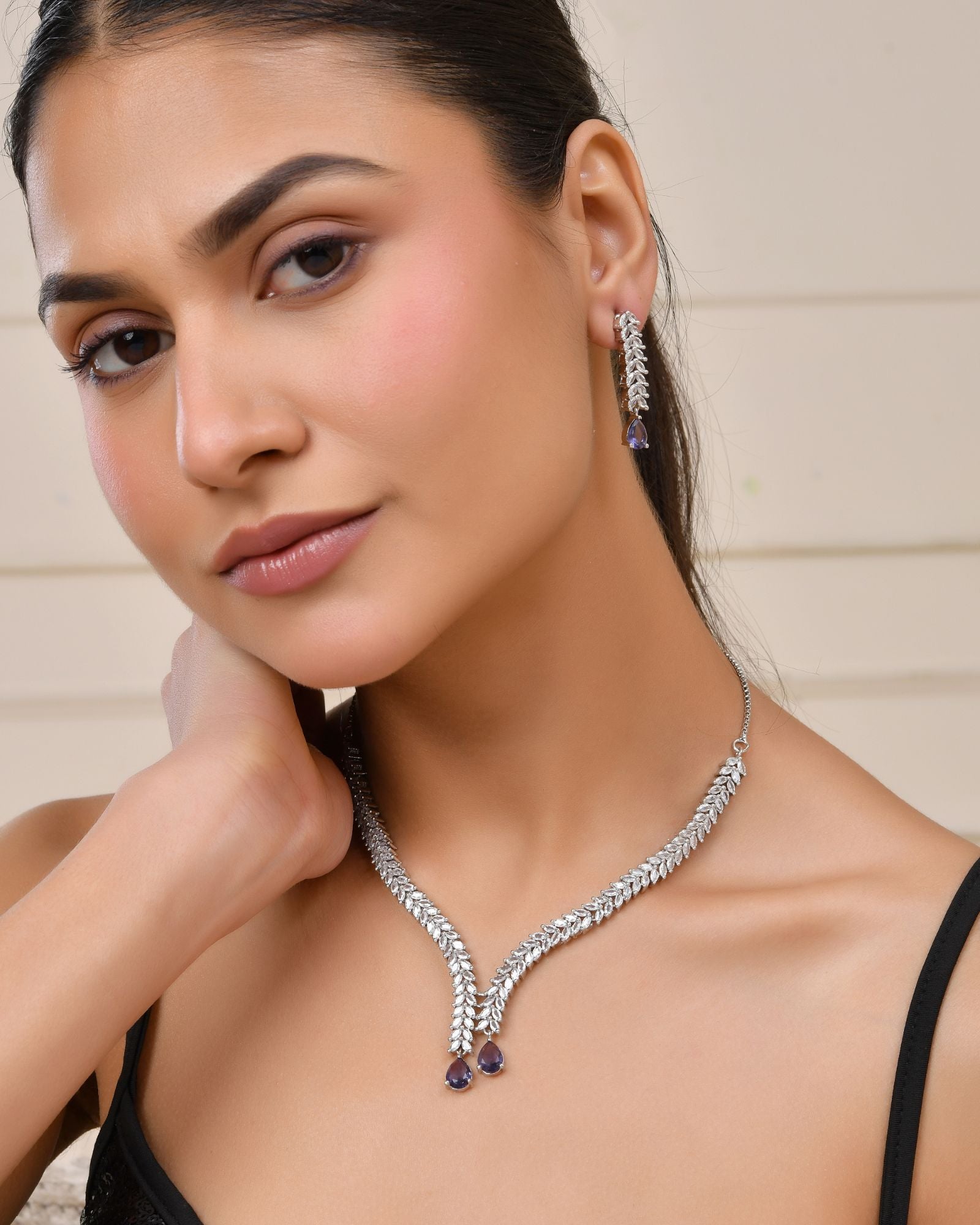 Jewels Nest Purple Stone Diamond-Style Necklace Set With Drop Earrings
