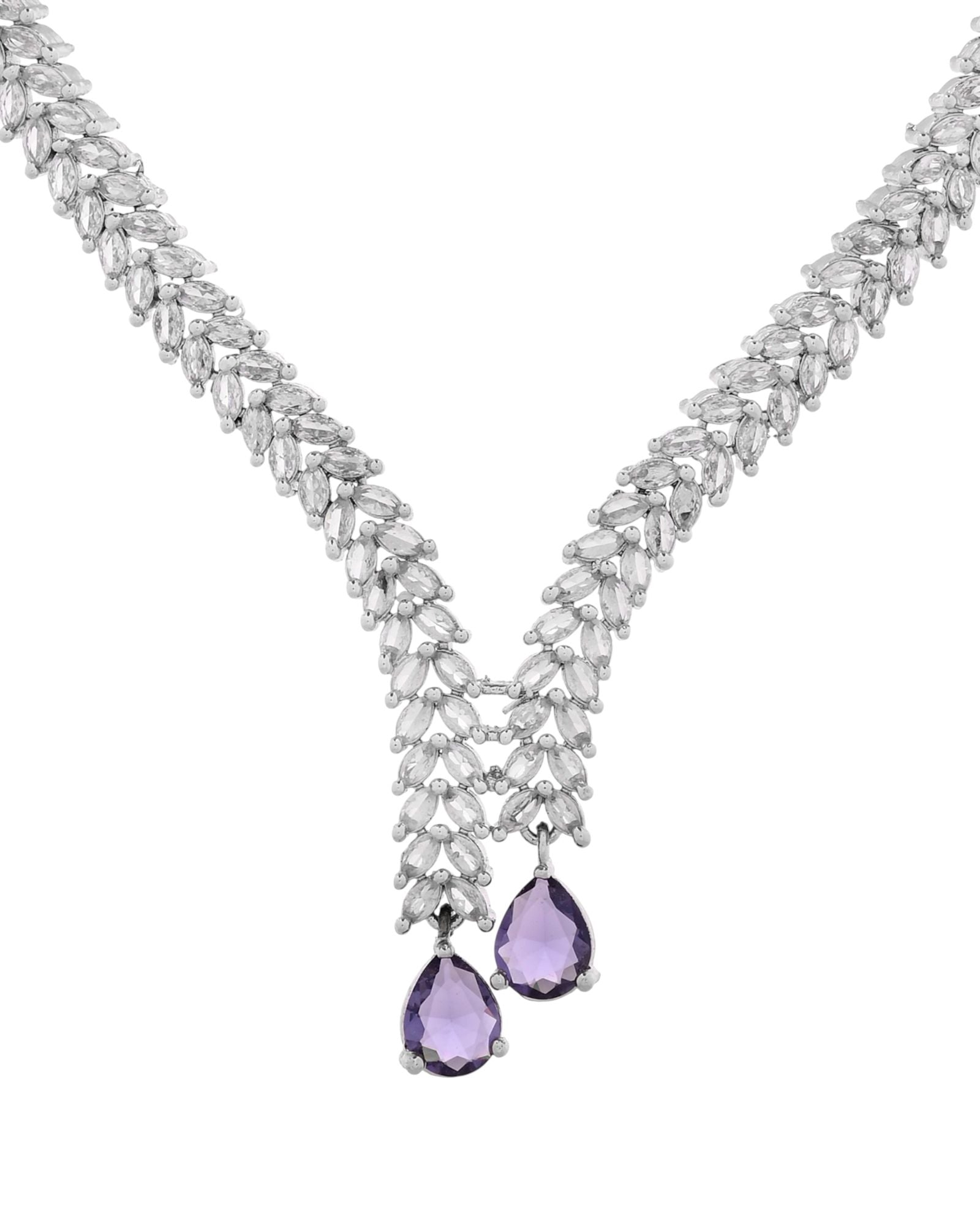 Jewels Nest Purple Stone Diamond-Style Necklace Set With Drop Earrings