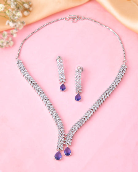 Jewels Nest Purple Stone Diamond-Style Necklace Set With Drop Earrings