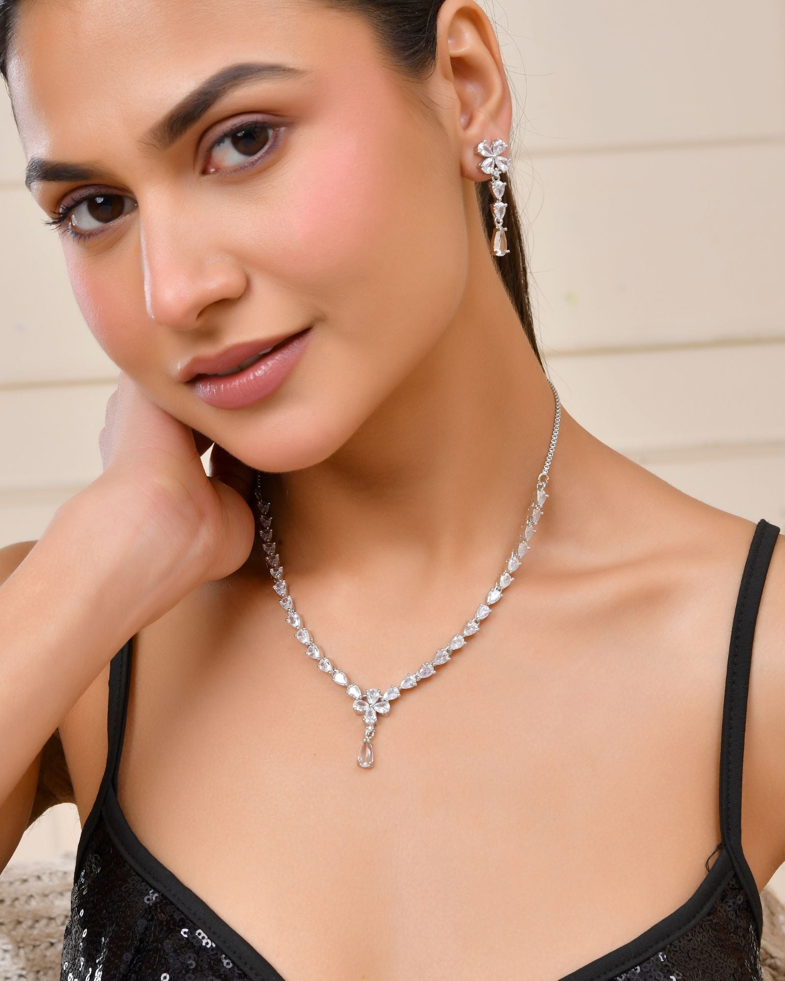 Jewels Nest Classic Diamond-Style Floral Necklace Set With Drop Earrings
