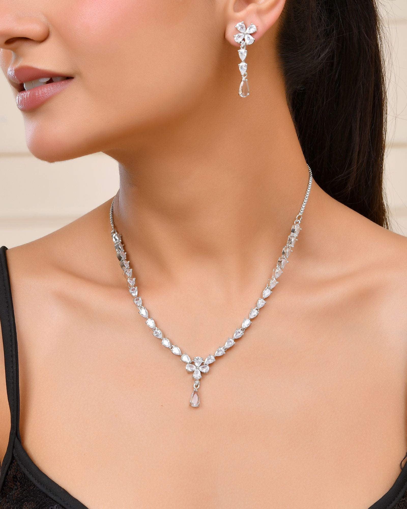 Jewels Nest Classic Diamond-Style Floral Necklace Set With Drop Earrings