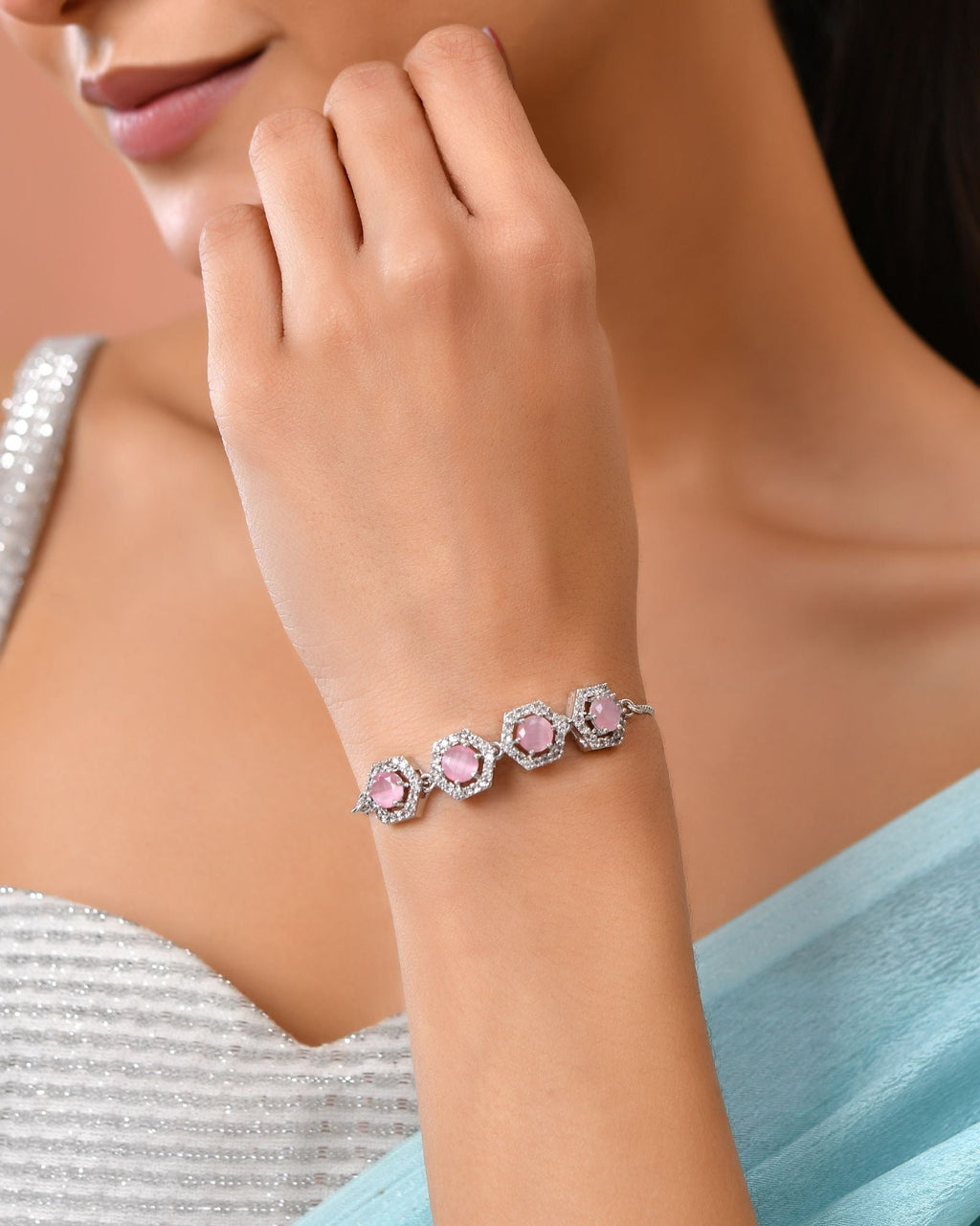 Jewels Nest Pink Stone Diamond-Style Adjustable Bracelet For Women