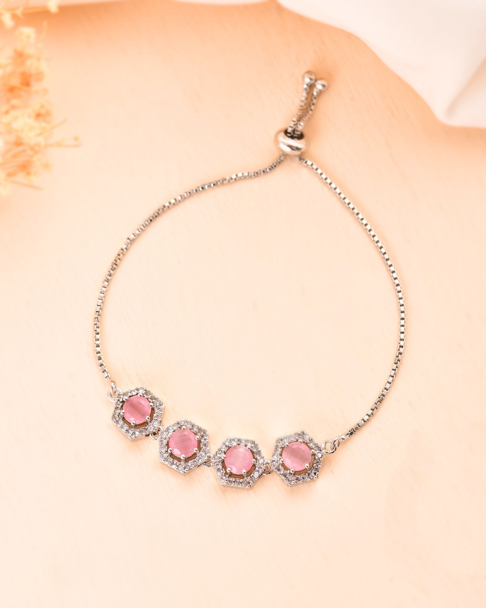Jewels Nest Pink Stone Diamond-Style Adjustable Bracelet For Women