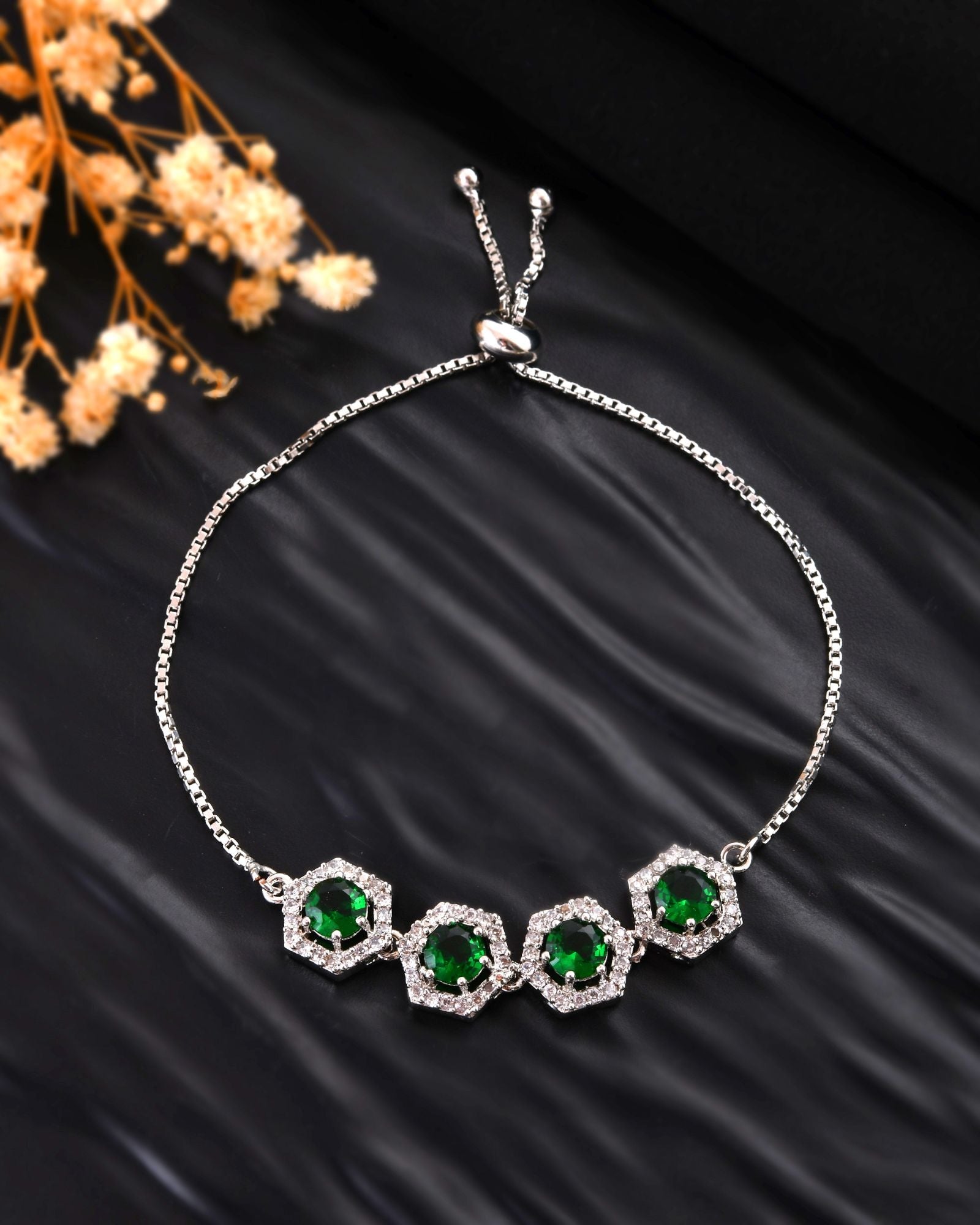 Jewels Nest Emerald Green Stone Diamond-Style Adjustable Bracelet