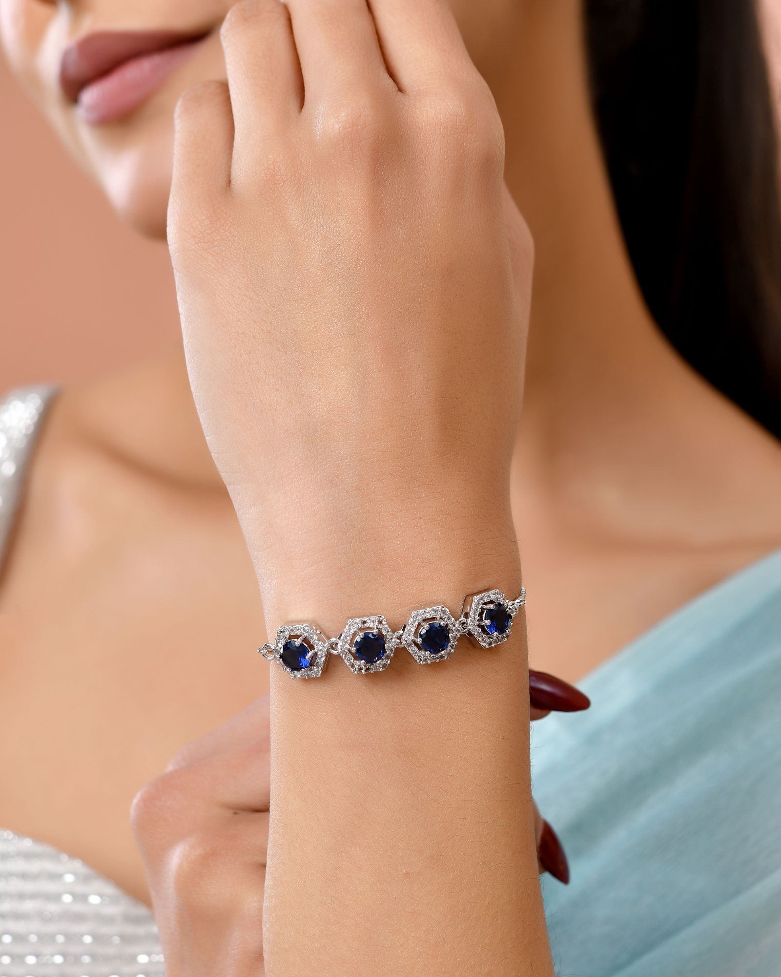 Jewels Nest Blue Stone Diamond-Style Adjustable Bracelet