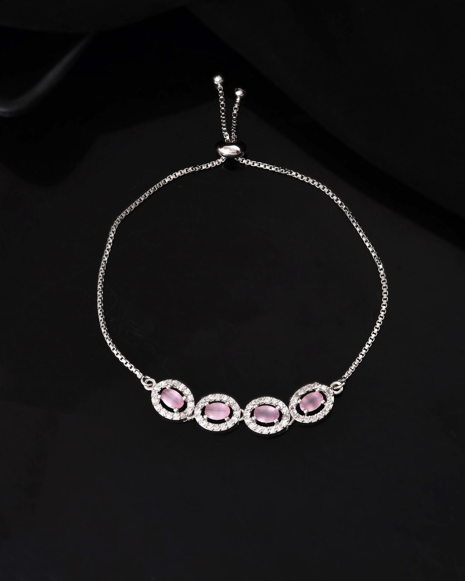 Jewels Nest Pink Oval Stone Diamond-Style Adjustable Bracelet