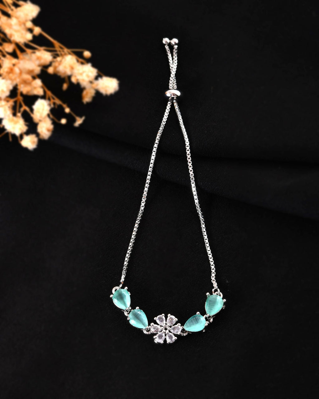 Jewels Nest Mint Green Floral Diamond-Style Adjustable Bracelet For Women
