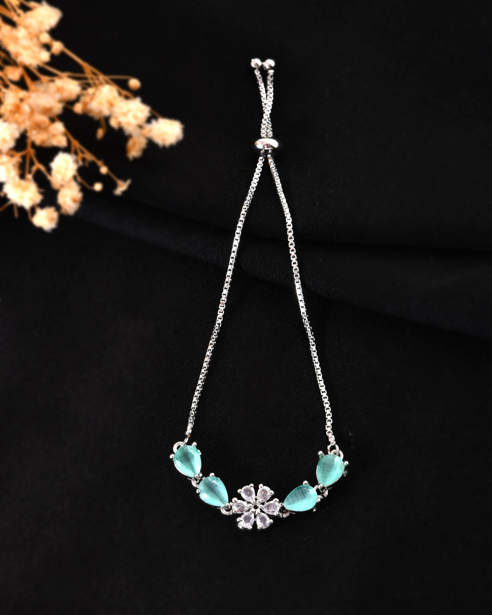 Jewels Nest Mint Green Floral Diamond-Style Adjustable Bracelet For Women