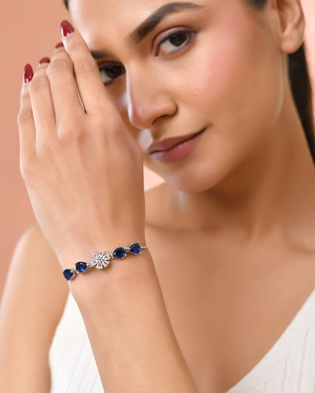 Jewels Nest Royal Blue Floral Diamond-Style Adjustable Bracelet