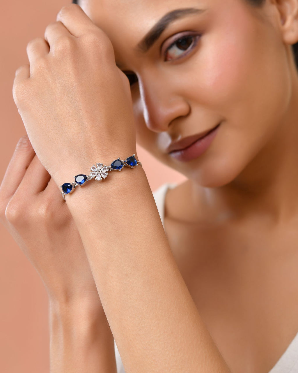 Jewels Nest Royal Blue Floral Diamond-Style Adjustable Bracelet