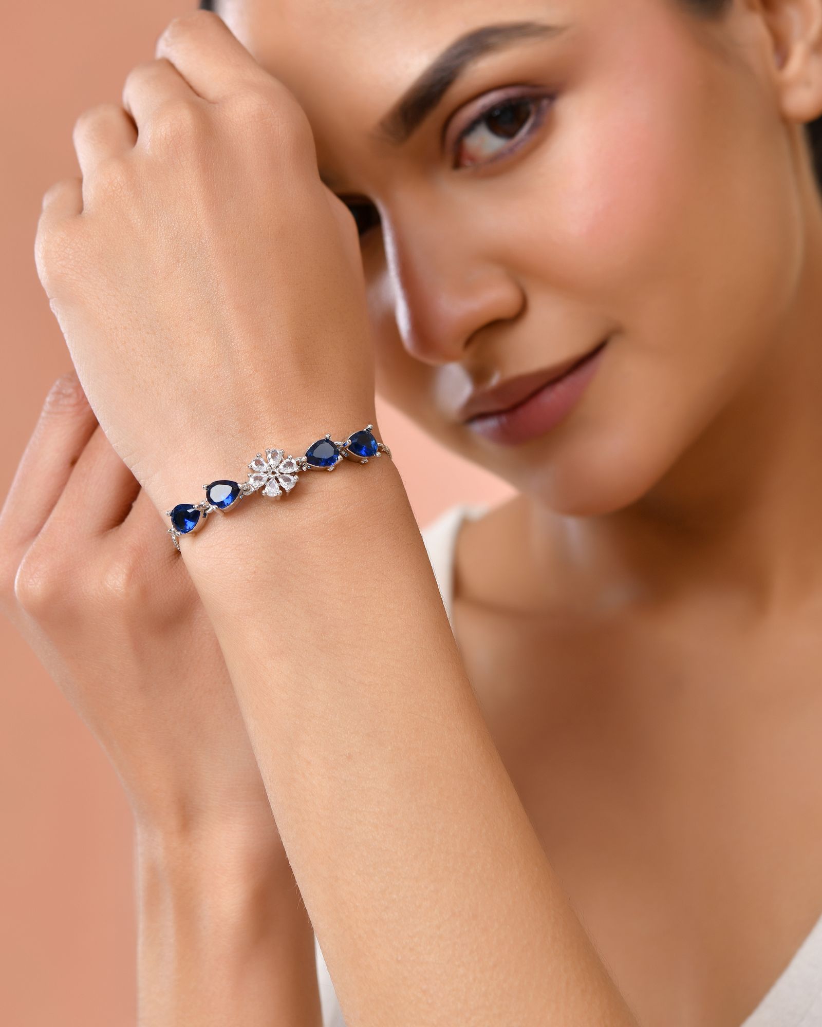 Jewels Nest Royal Blue Floral Diamond-Style Adjustable Bracelet