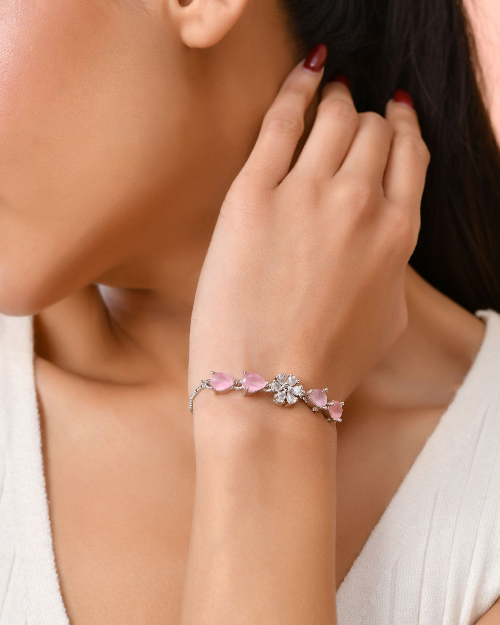 Jewels Nest Soft Pink Floral Diamond-Style Adjustable Bracelet
