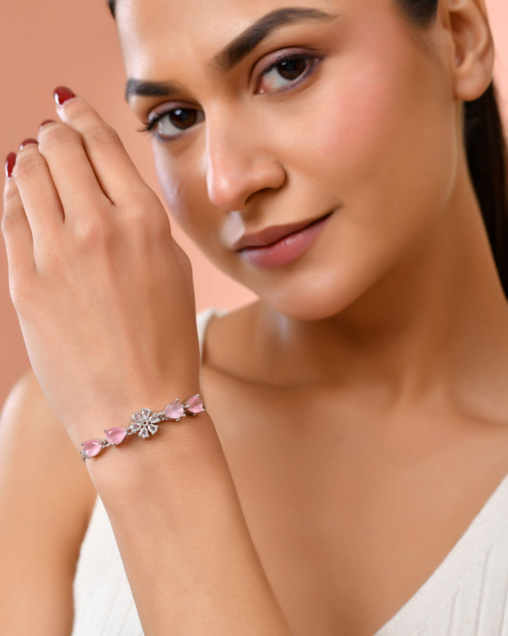Jewels Nest Soft Pink Floral Diamond-Style Adjustable Bracelet