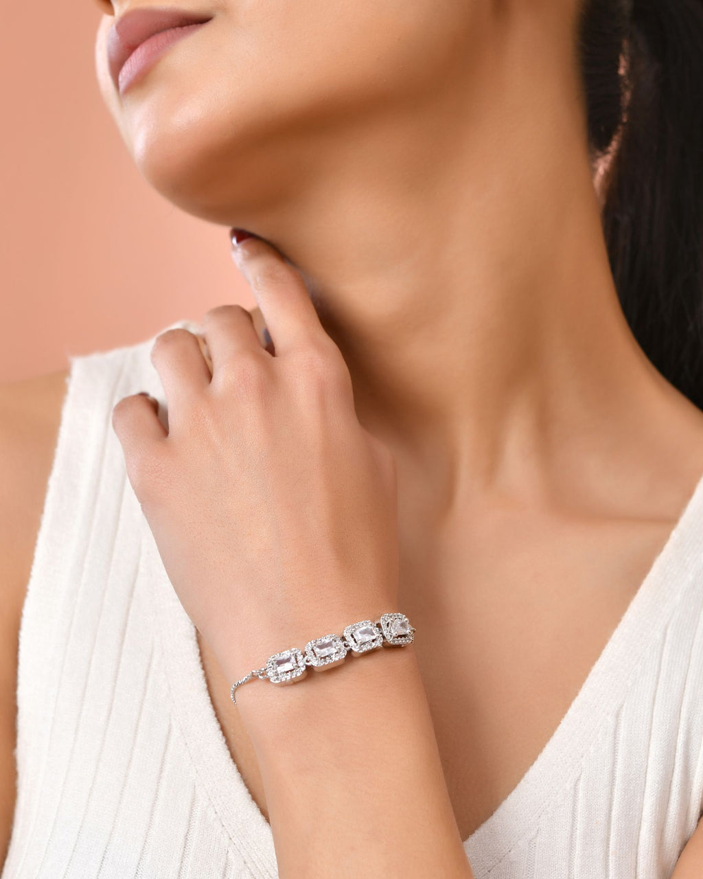 Jewels Nest Classic White Square Stone Diamond-Style Adjustable Bracelet - Distacart