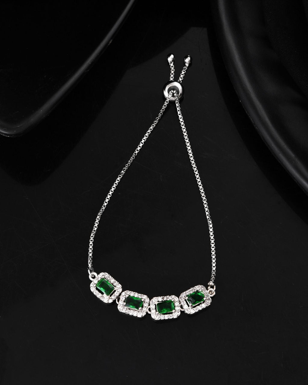 Jewels Nest Emerald Green Square Stone Diamond-Style Adjustable Bracelet