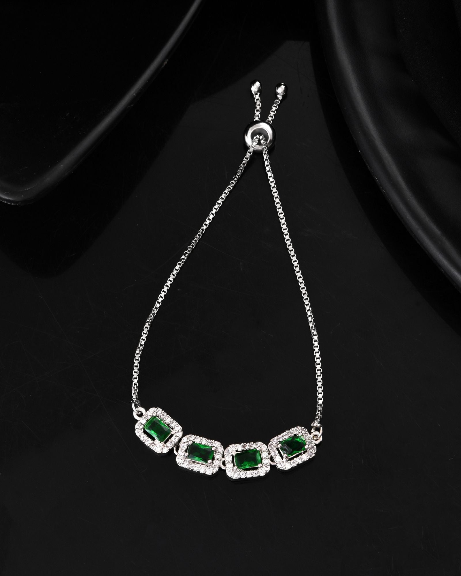 Jewels Nest Emerald Green Square Stone Diamond-Style Adjustable Bracelet