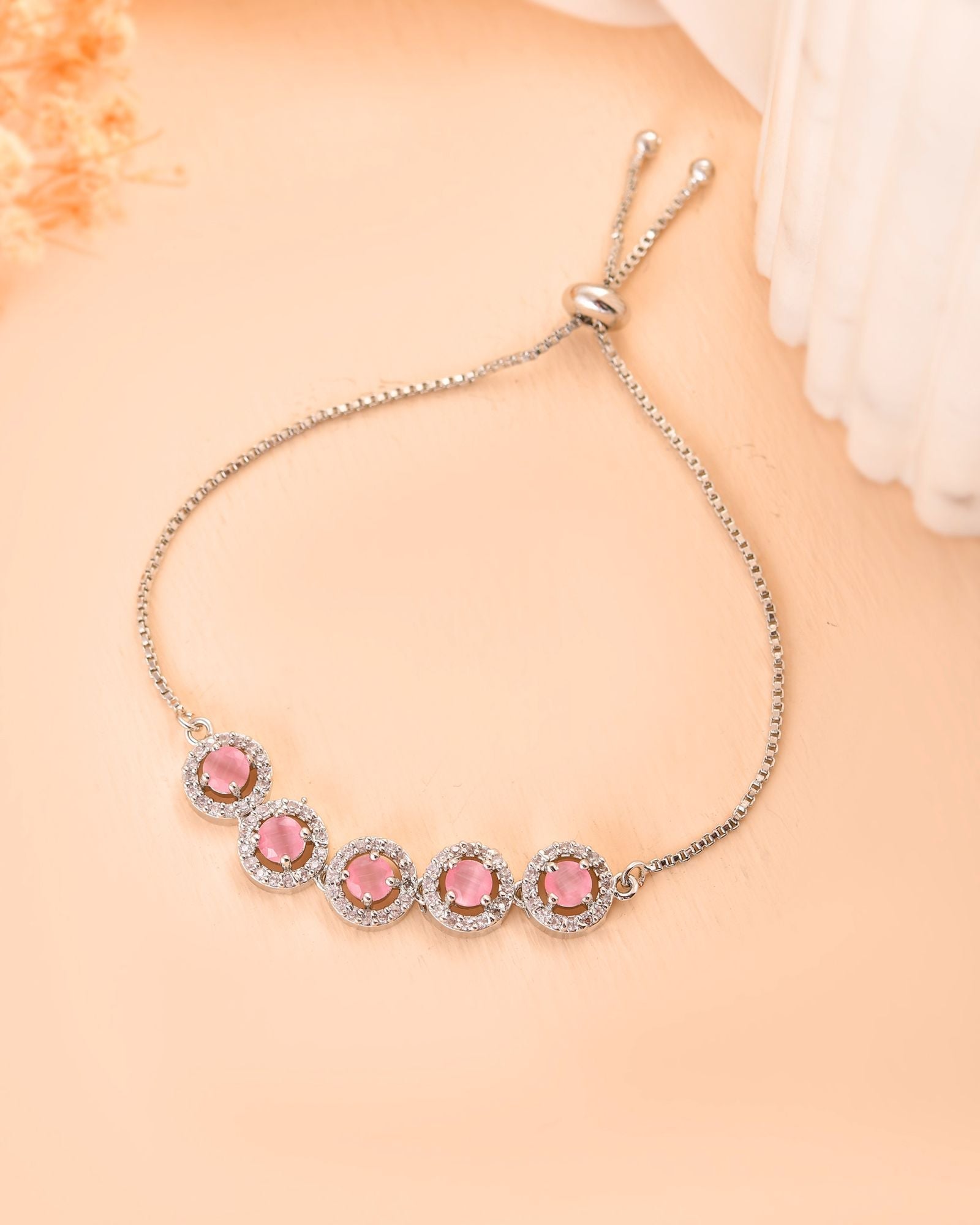 Jewels Nest Silver Plated Pink Stone Adjustable Bracelet - Distacart